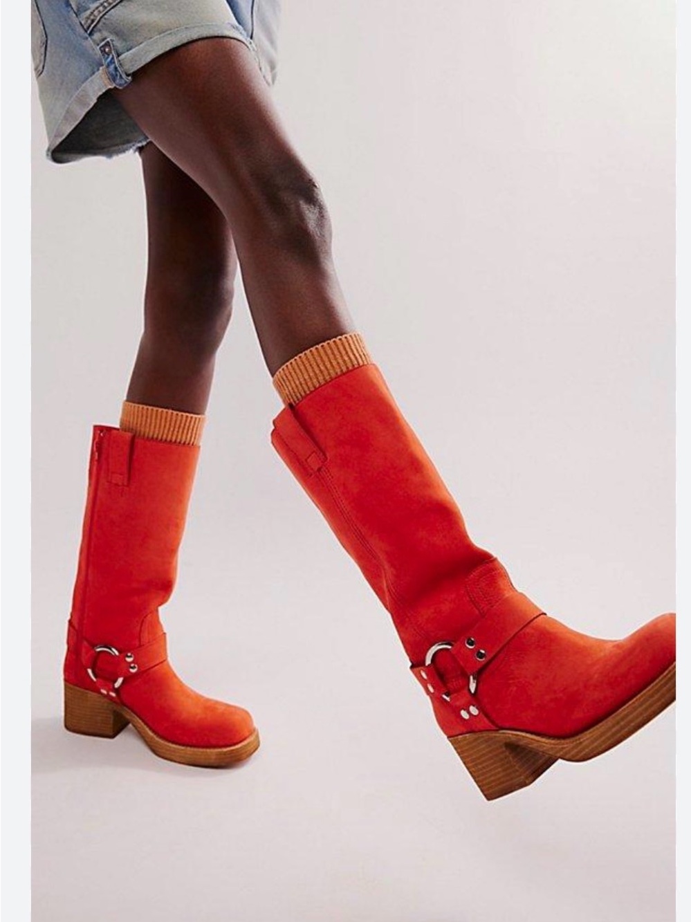 Red Faux Suede Harness Boots Knee High 6.5